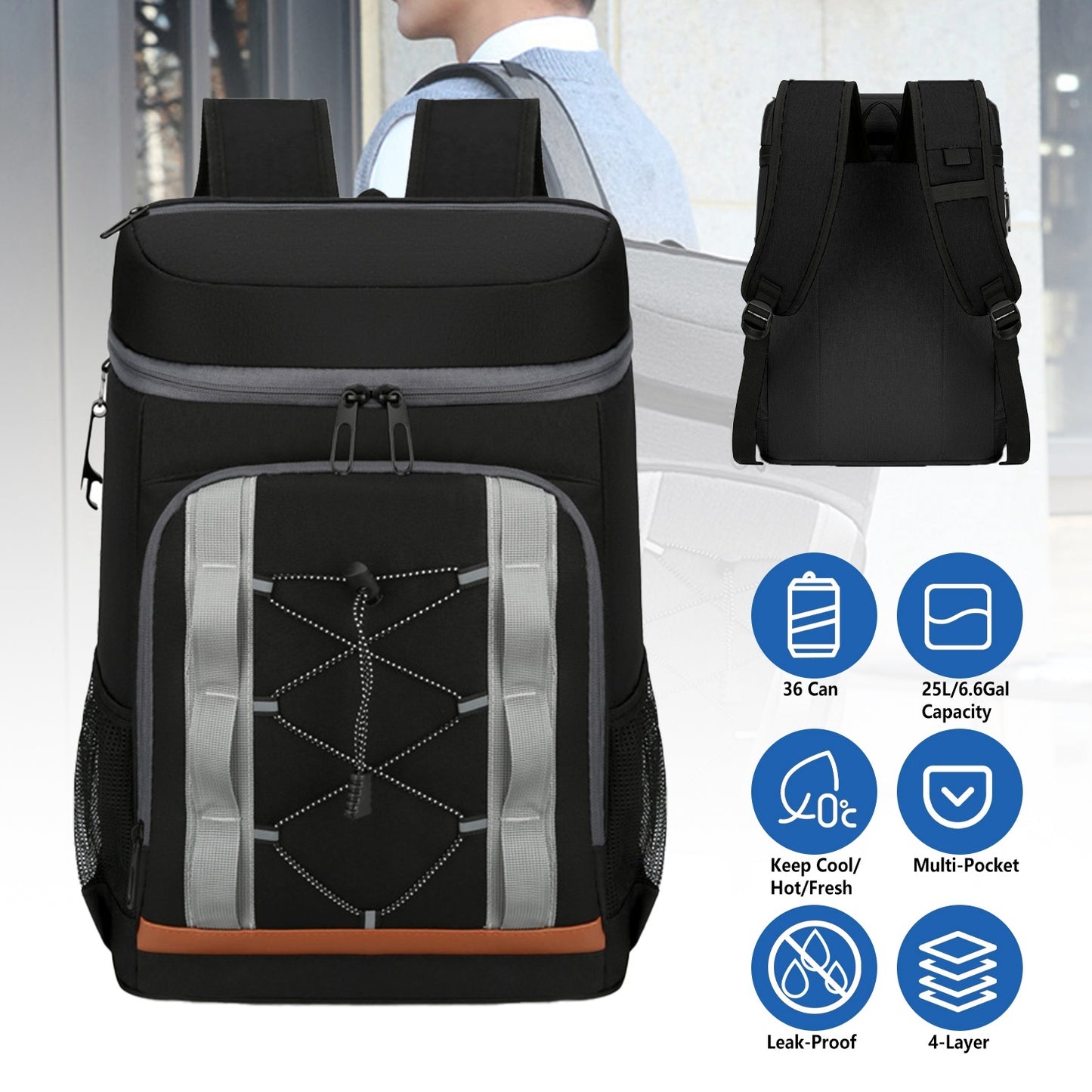 Grey-Black Options 1Pc Cooler Backpack 36 Can Leakproof Insulated Cooler Backpack With 25L 6.6Gal For Picnic Camping Beach Hiking Fishing Travel