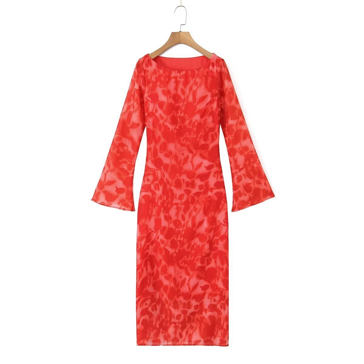 Women's Clothing Rose Printed Long Sleeve Dress Midi Dress