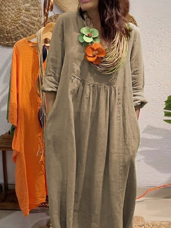 Women's Casual Solid Color Cotton And Linen Pocket Dress