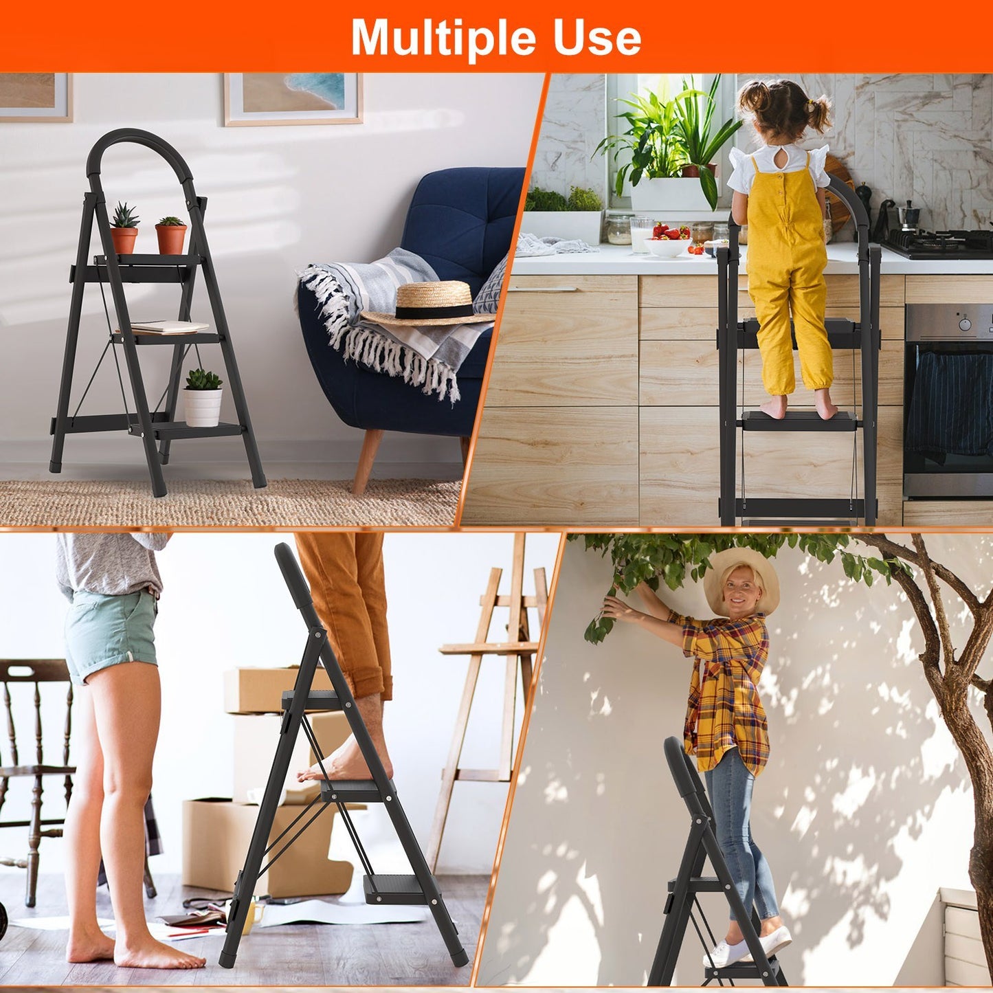 1Pc 3Step Foldable Ladder With Wide Anti-Slip Pedal Safety Locking Design Soft Handgrip Portable Lightweight Folding Step Stool 330LBS Load Capacity For Household Kitchen Office