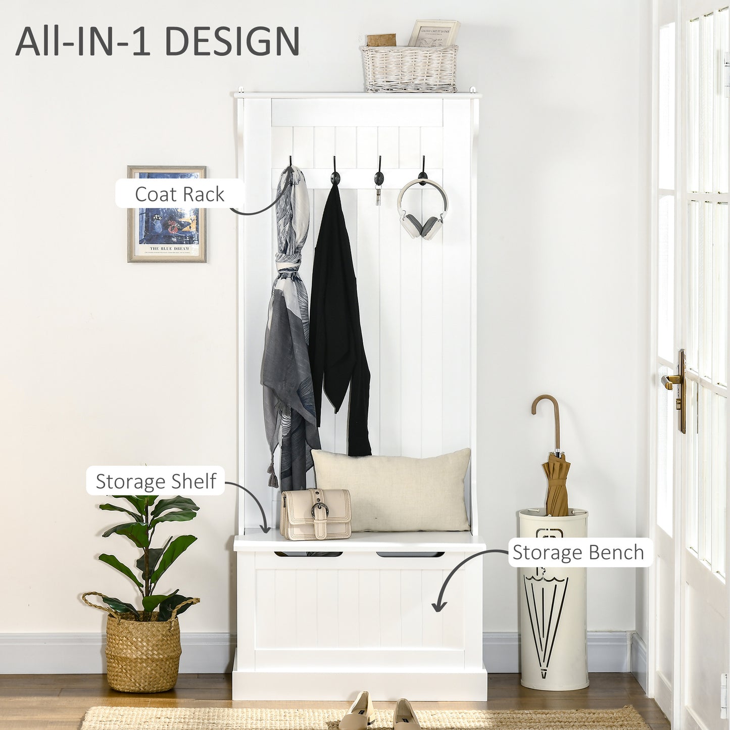 Entryway Hall Tree With Coat Rack, Sitting Bench, Storage, And Hooks, Mudroom Bench, White