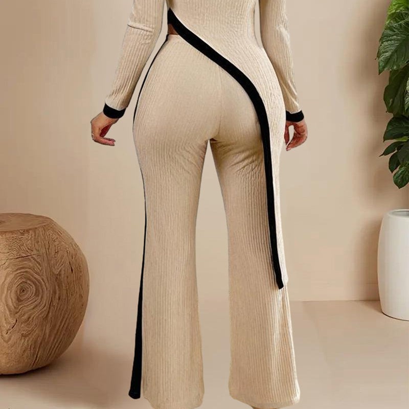 Women's Elegant Round-neck Two-piece Long-sleeved Pants With Decorative Edges For Spring & Fall