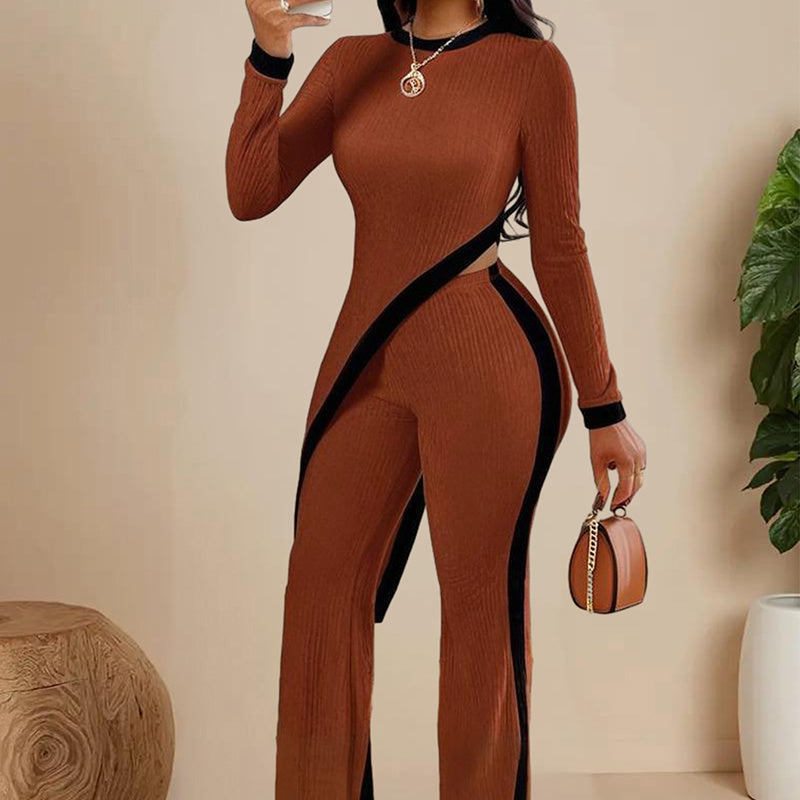 Women's Elegant Round-neck Two-piece Long-sleeved Pants With Decorative Edges For Spring & Fall
