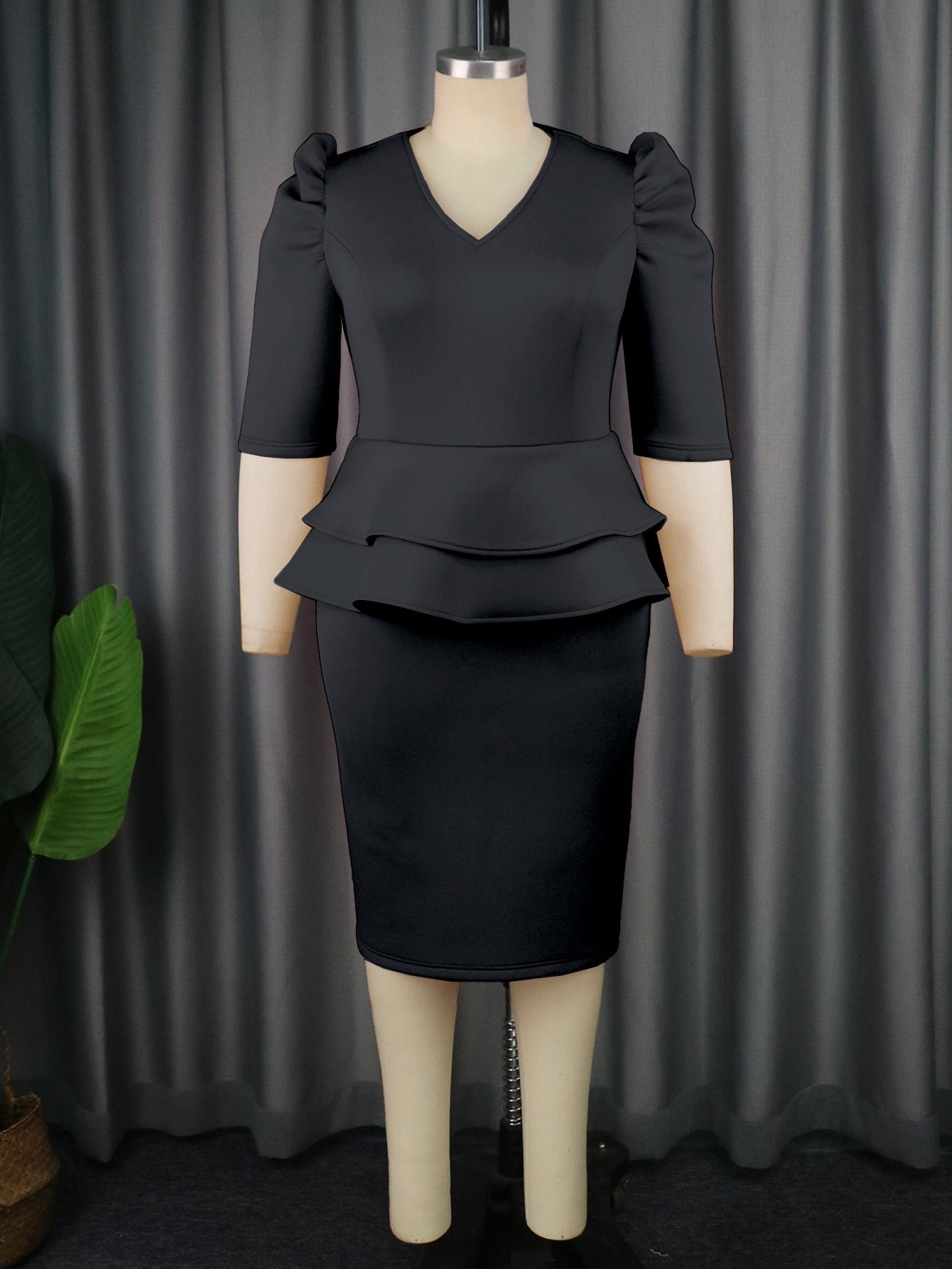 Pleated Sleeve Stitching Flab Hiding High Waist Dress