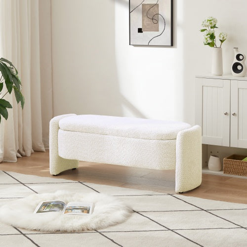 Ottoman Oval Storage Bench 3D Lamb Fleece Fabric Bench With Large Storage Space For The Living Room, Entryway And Bedroom