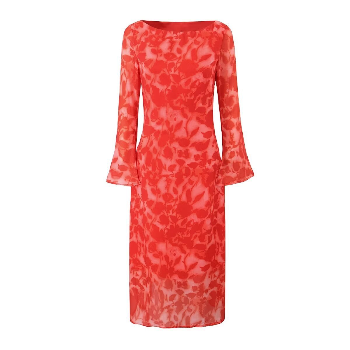 Women's Clothing Rose Printed Long Sleeve Dress Midi Dress