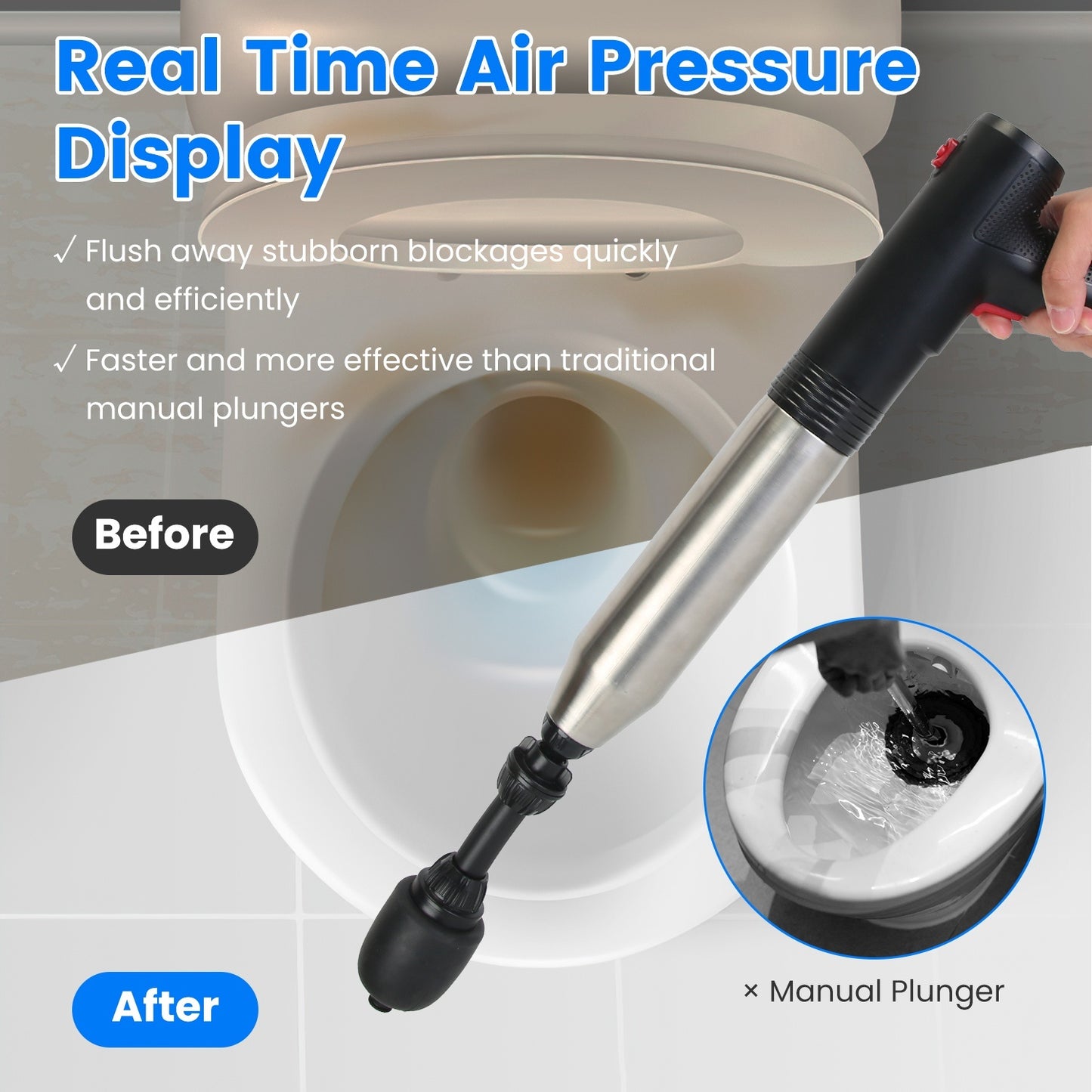 1Pc Electric Toilet Plunger High Pressure Air Plunger Air Drain Blaster Drain Clog Remover With Real Time Pressure Display For Toilets Bathroom Floor Drain Kitchen Sinks Plumbing Clogs