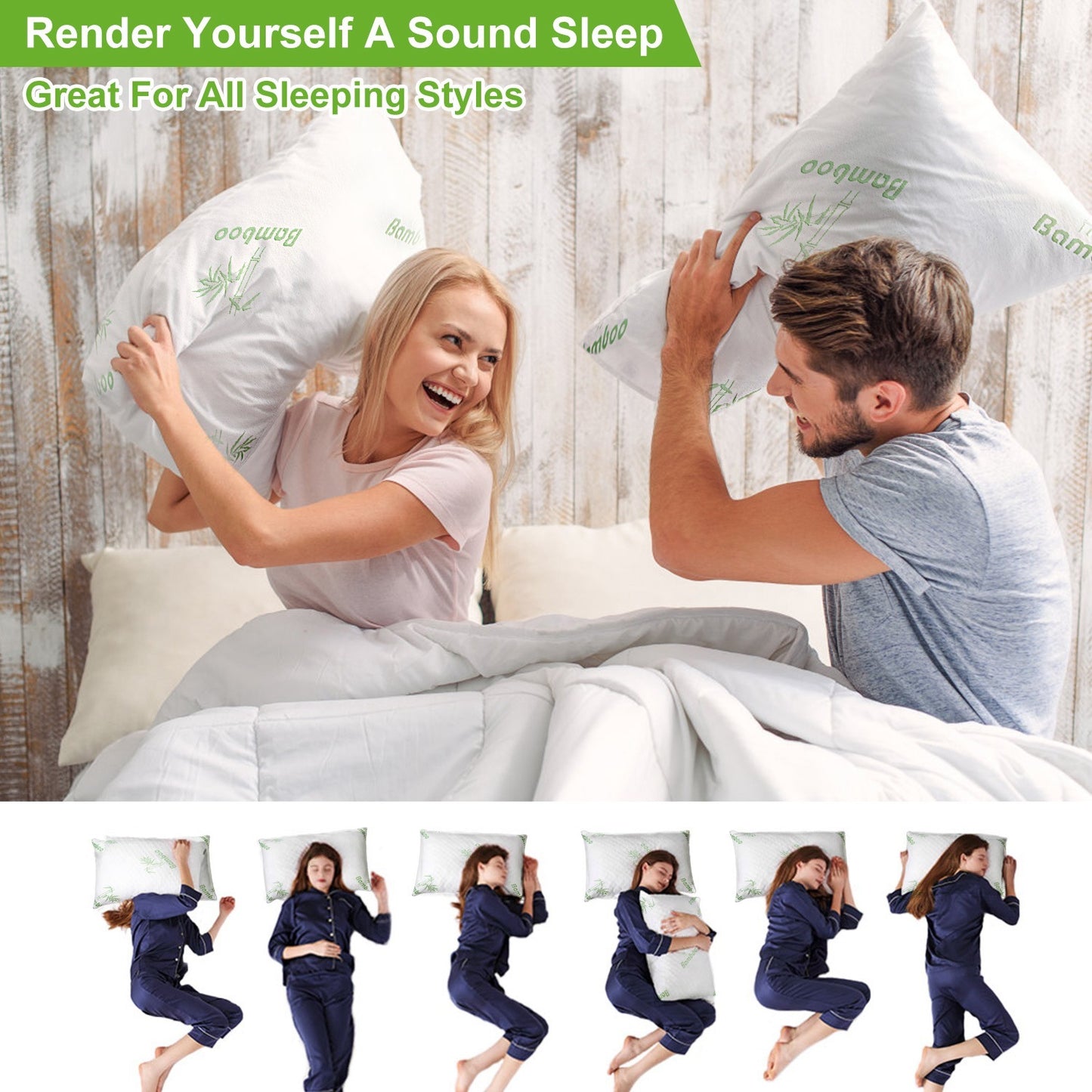 2Pcs Or 1Pcs Bamboo Memory Foam Pillow Hypoallergenic Bed Pillow For Head Neck Rest Sleeping Shredded Pillow Washable Cover Queen Size Pillow