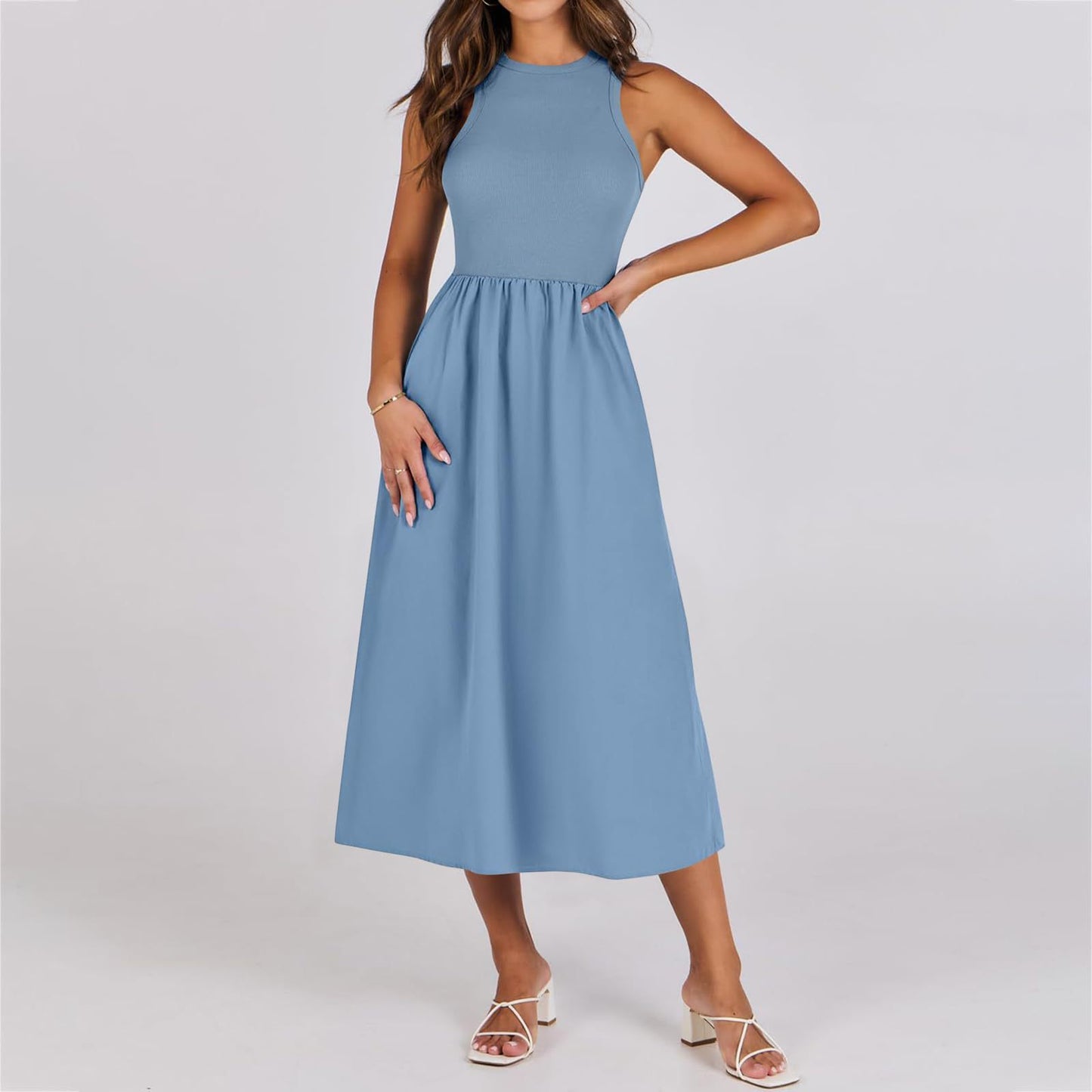 Sleeveless Knitted Stitching Casual Long With Pockets Advanced Sense Dress