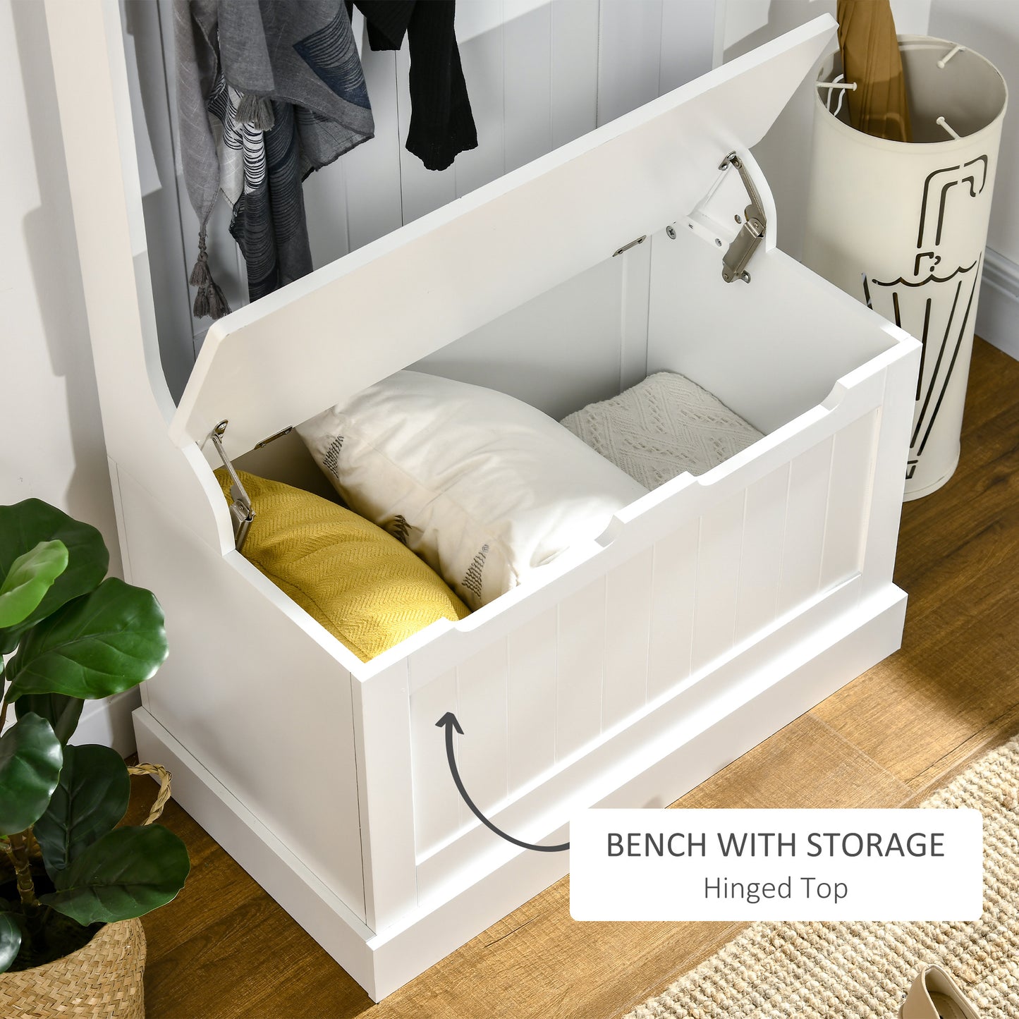 Entryway Hall Tree With Coat Rack, Sitting Bench, Storage, And Hooks, Mudroom Bench, White