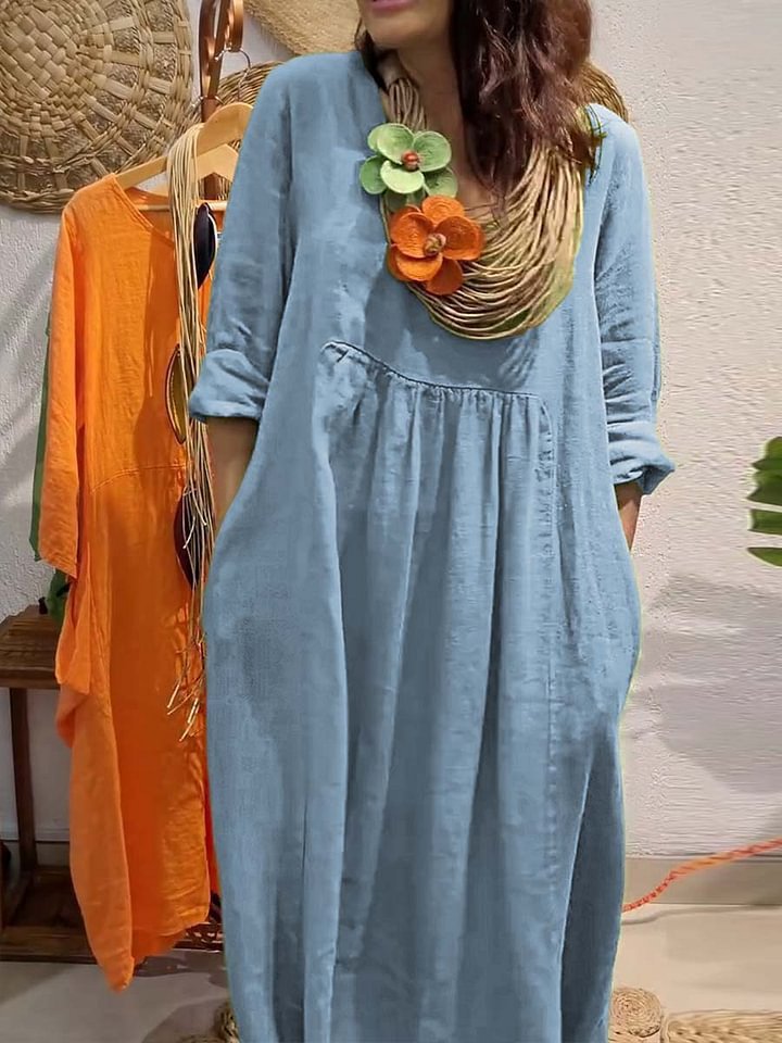 Women's Casual Solid Color Cotton And Linen Pocket Dress