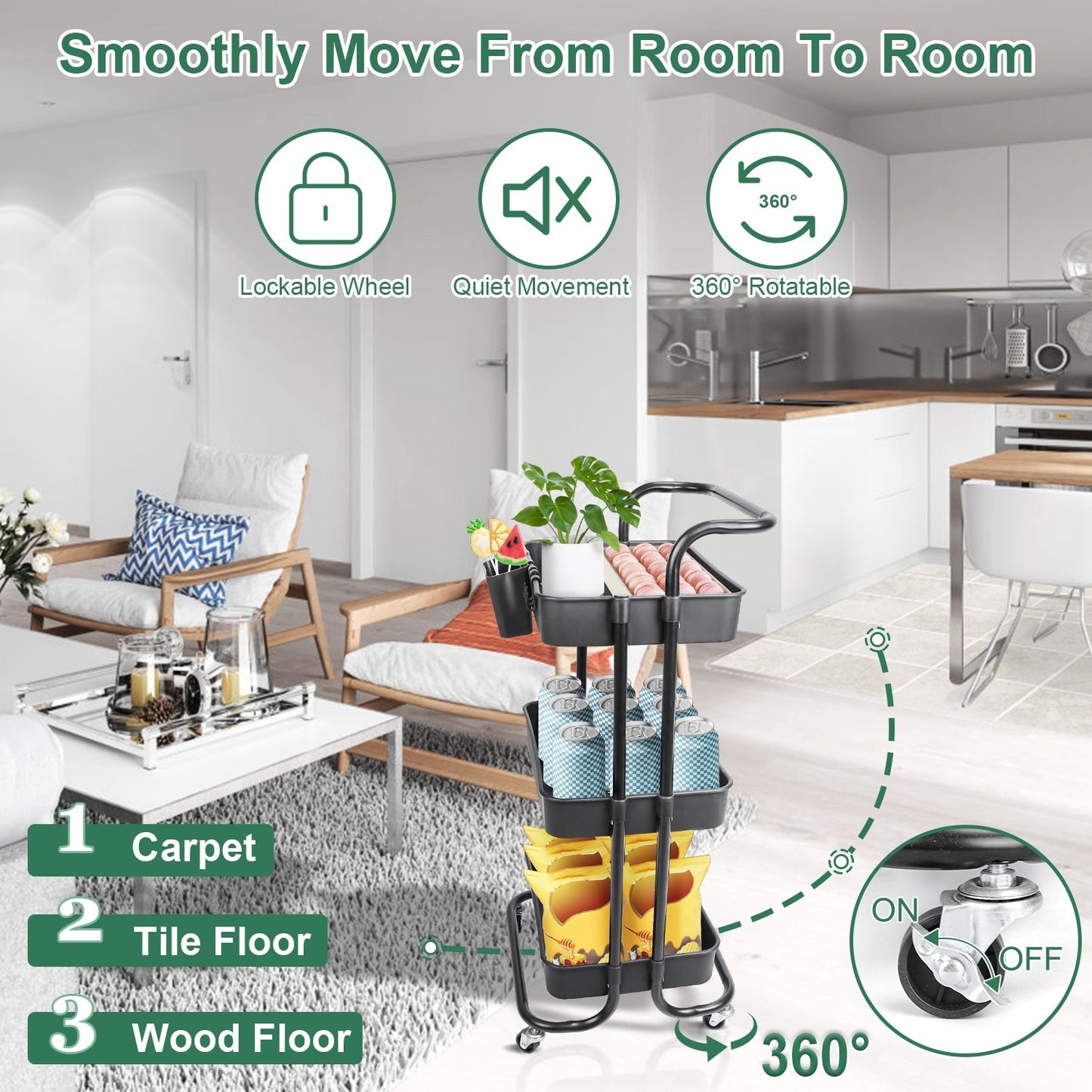 Black-White Color Options 1Pc 3 Tier Rolling Utility Cart Movable Storage Organizer With Mesh Baskets Lockable Wheels 360 Degree Rotatable Hanging Box Hooks Bedroom Bathroom Kitchen