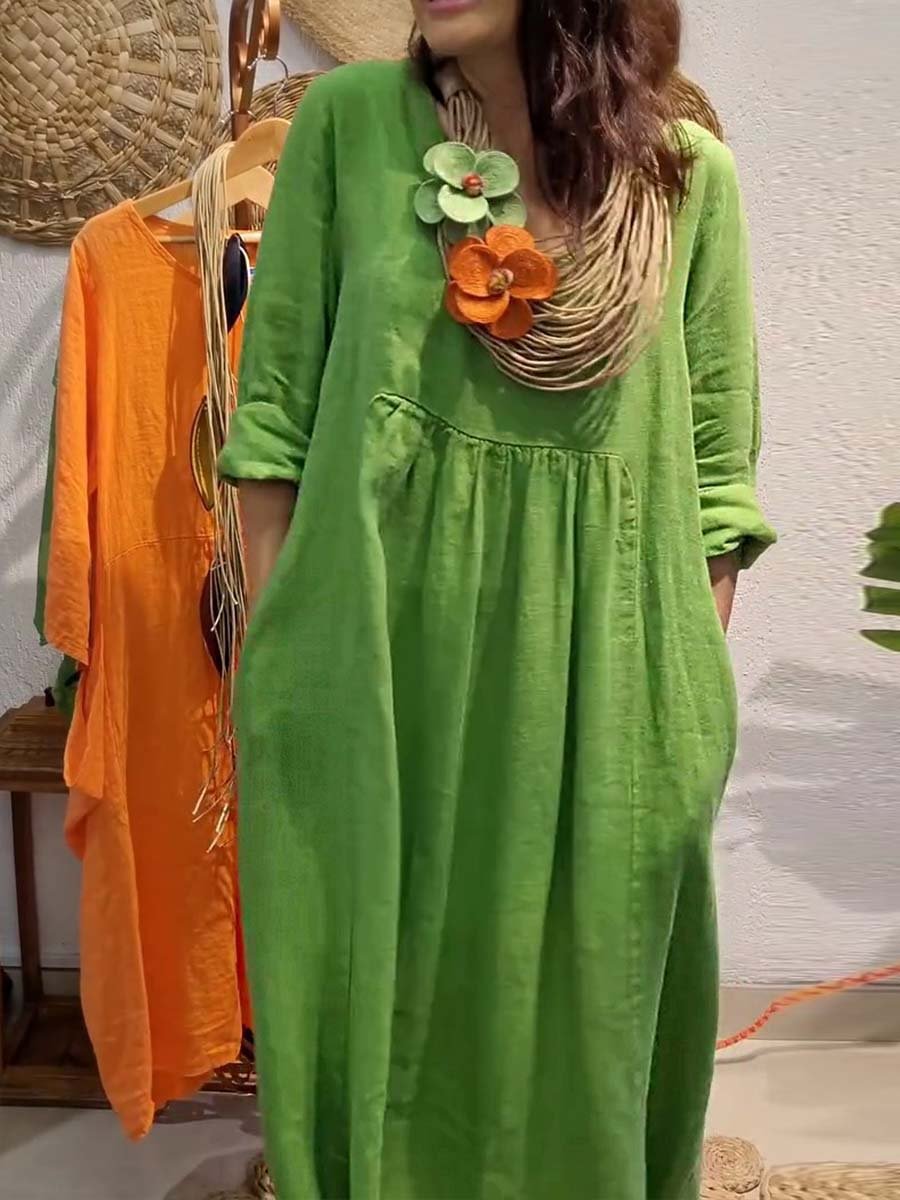 Women's Casual Solid Color Cotton And Linen Pocket Dress