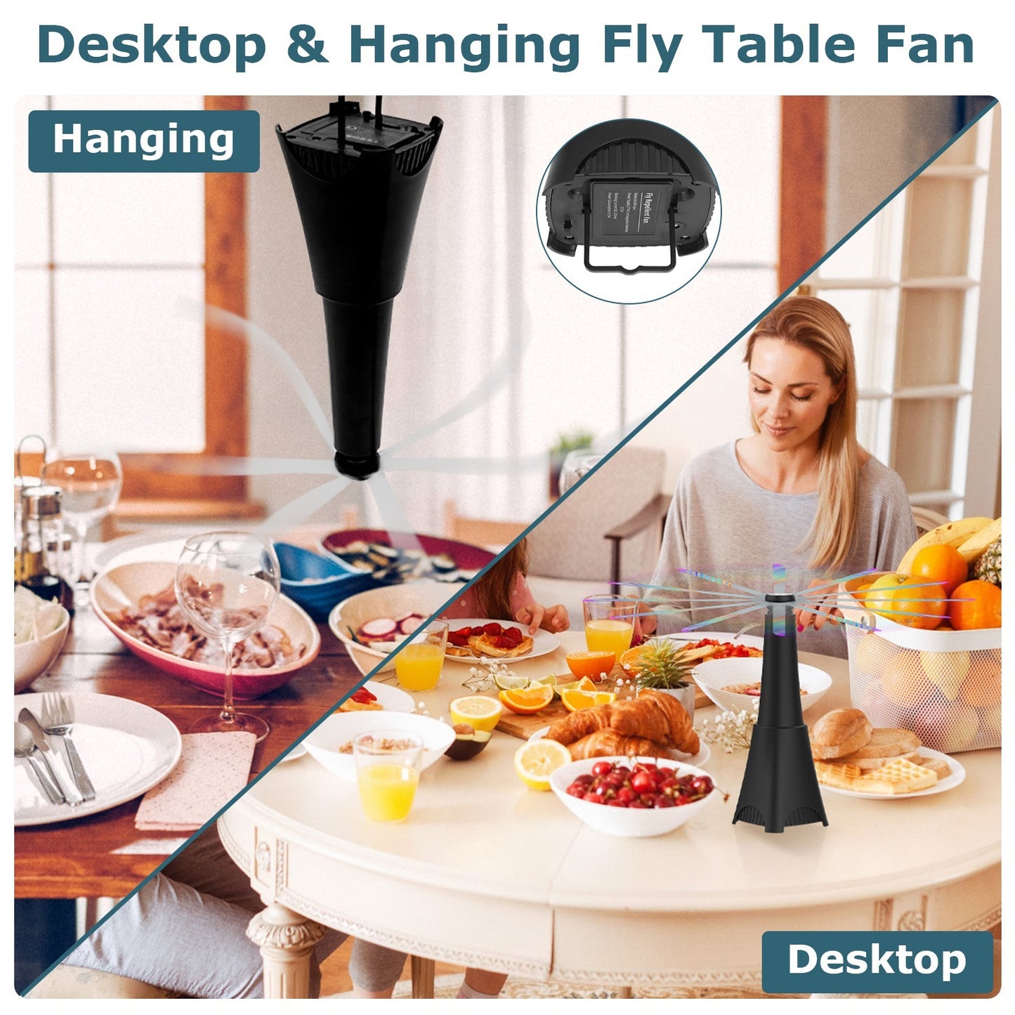 2 Pack Portable Reflective Fly Repellent Fan Rechargeable Battery Powered Table Food Fly Trap With Pattern Soft-Stop Blade Hanging Hook Indoor Outdoor Table