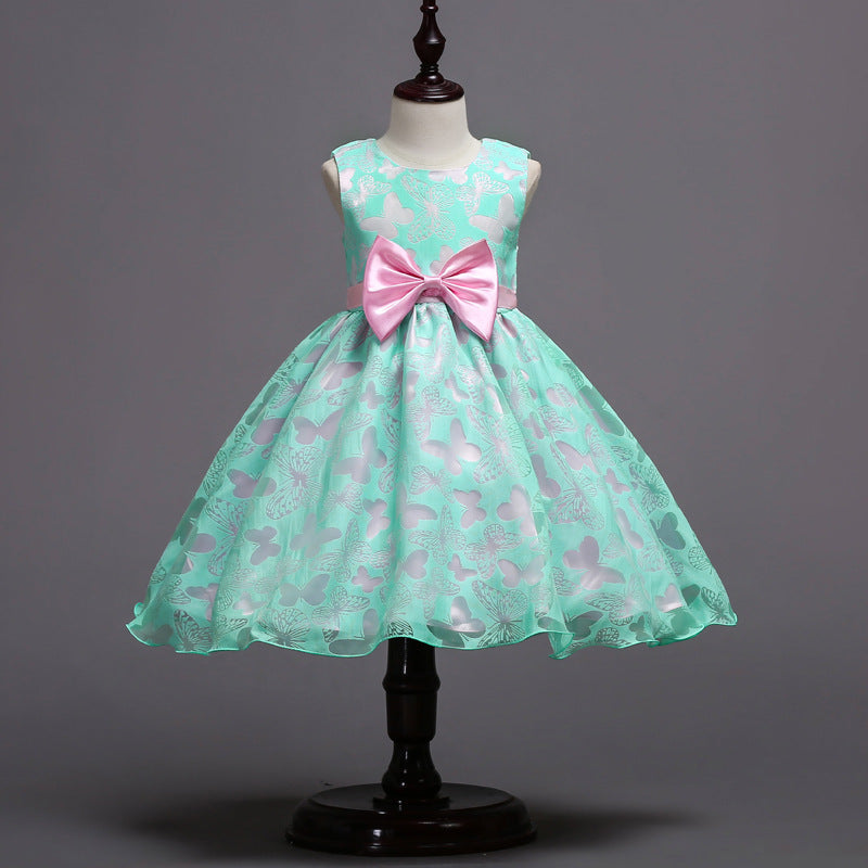 Bow Pleated Mesh Puffy Girls Dress