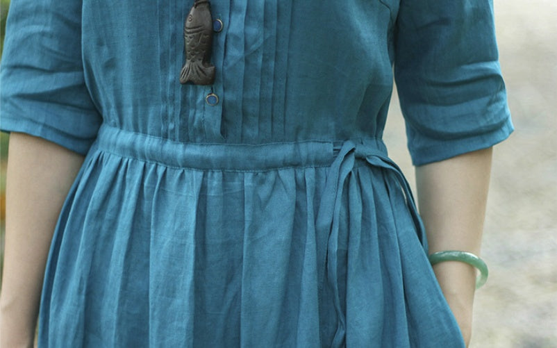 Women's Retro Organ Pleated Cotton And Linen Midi Dress