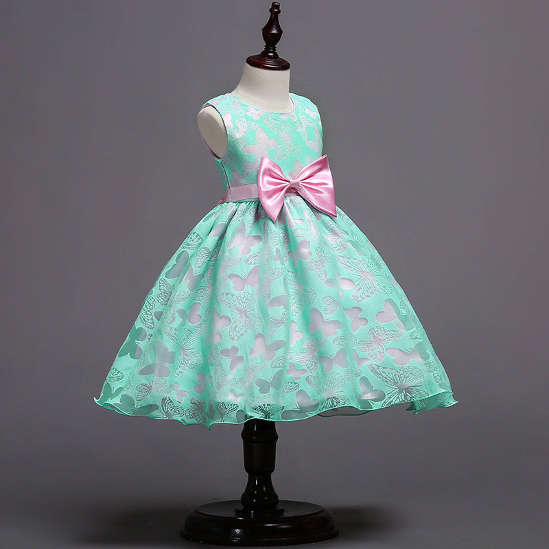 Bow Pleated Mesh Puffy Girls Dress