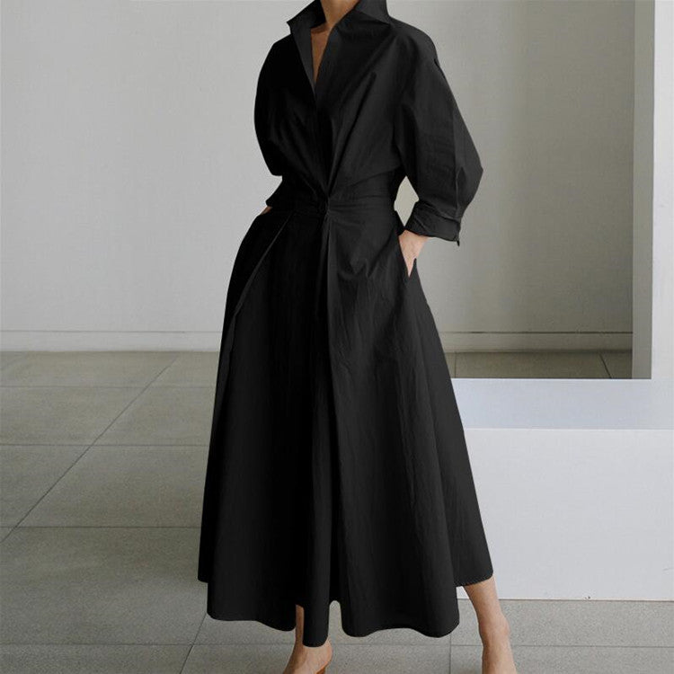 Temperament Commuter Cotton Hemp Clean Color Flip Collar POLO Collar Shirt Sleeves Elastic Waist Big Swing Dress
