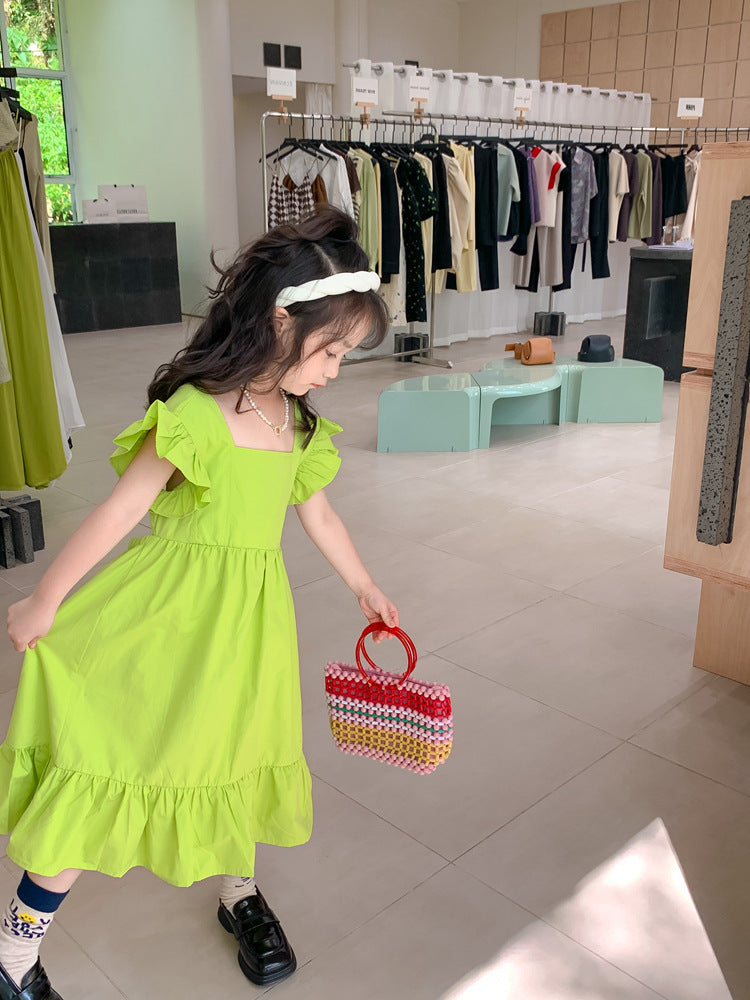 Girls Backless Bow Dress Flounced Sleeve Ruffles