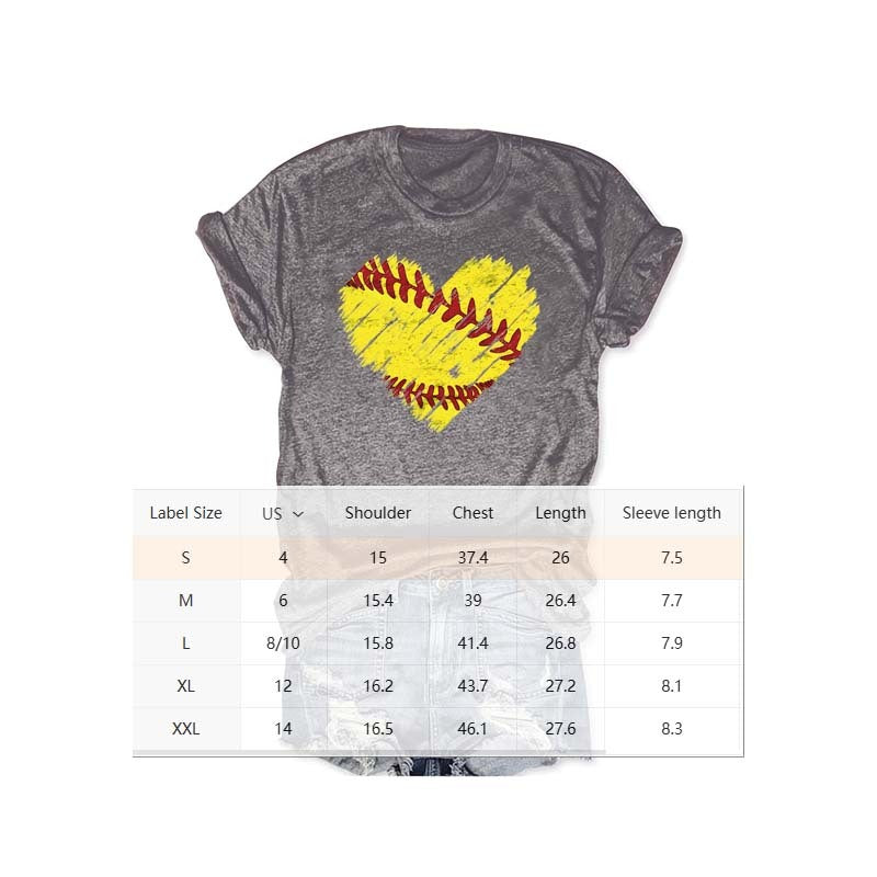 Women's Round Neck Yellow Heart Baseball Print Short Sleeve T-Shirt Sporty Casual Summer Top