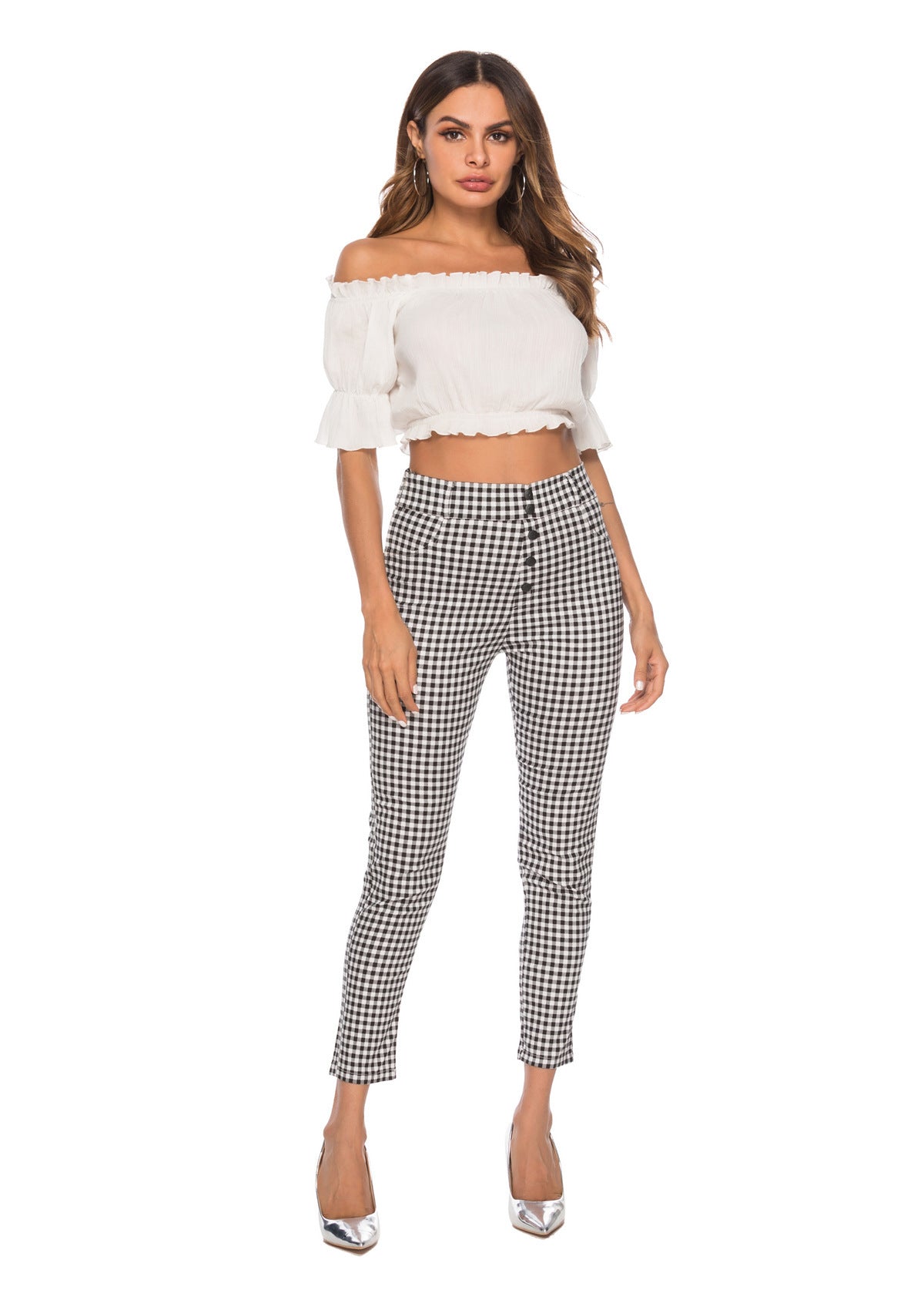 Women's high-waist checked slim pencil-leg pants