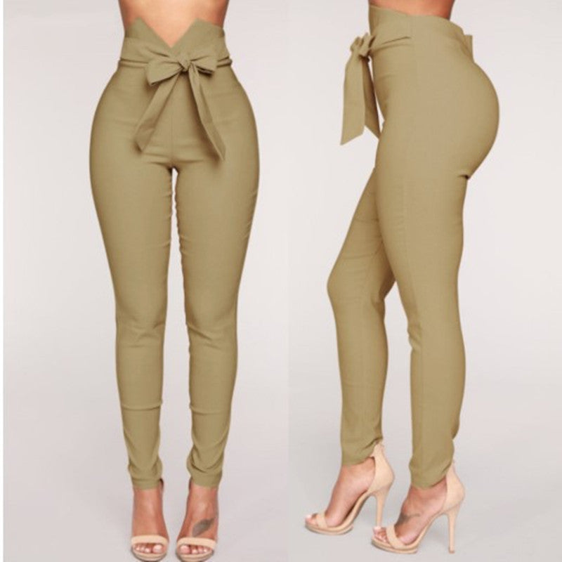 Elastic high waist lace-up casual pencil pants