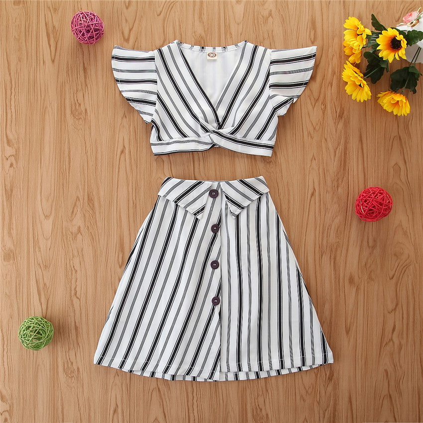 Fashionable white striped mini Fly sleeve dress for girls