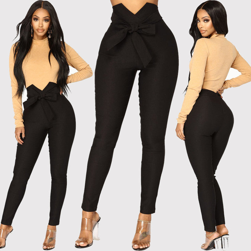 Elastic high waist lace-up casual pencil pants