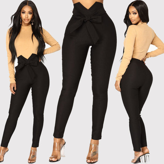 Elastic high waist lace-up casual pencil pants