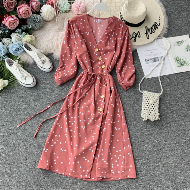 Polka dot lace chiffon dress over the knee midi skirt