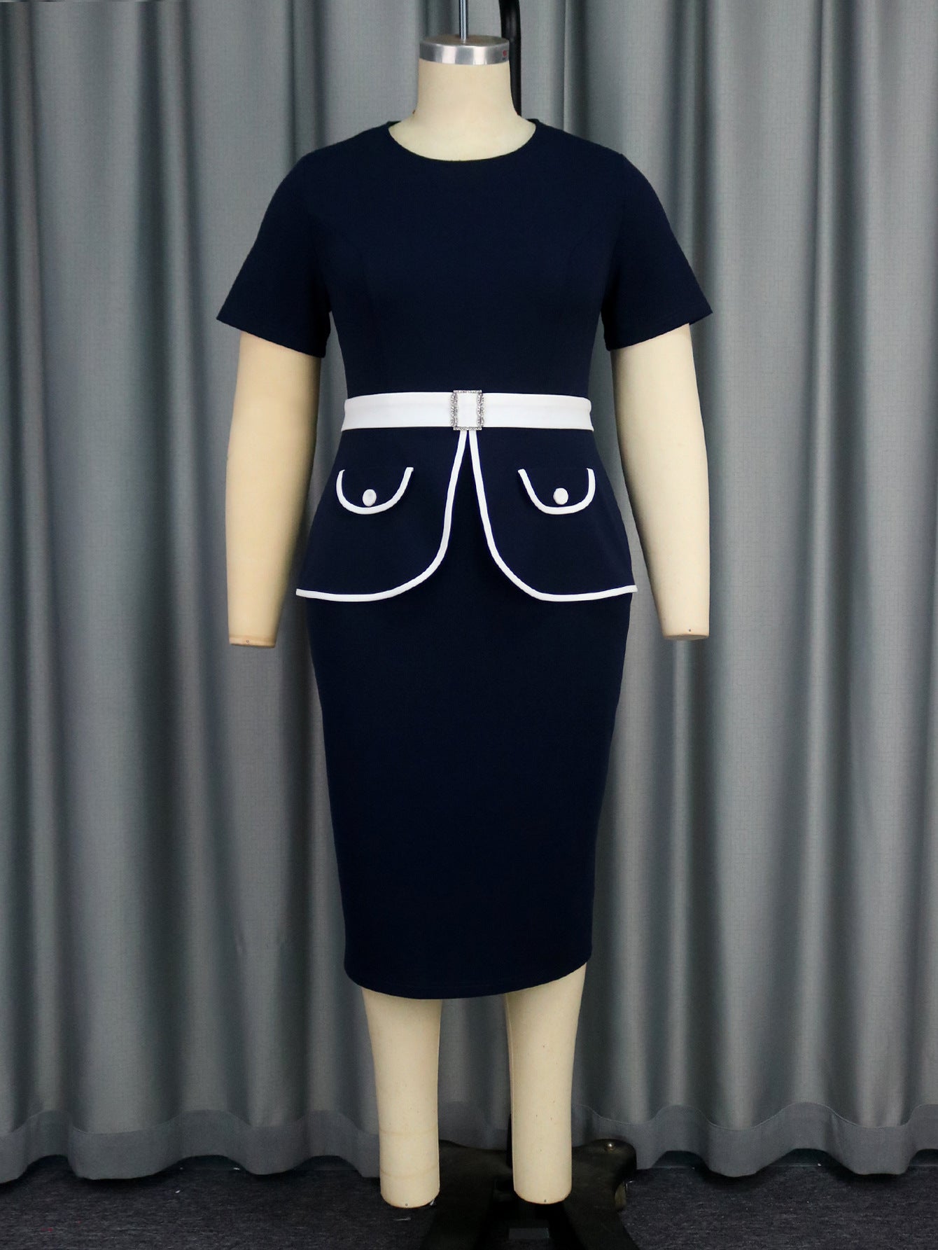 Round Neck Fashion Temperament Sheath Belt Buckle Ruffled Slimming Dress
