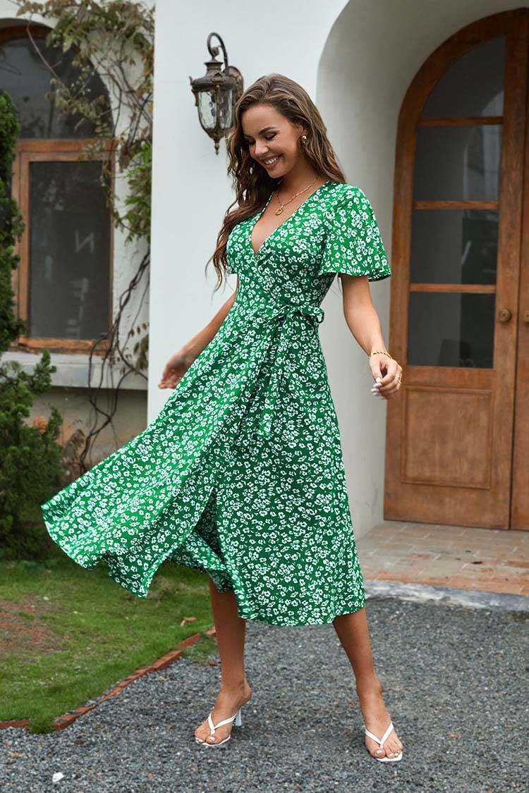 European And American Printed V-neck High Waist Midi Dress