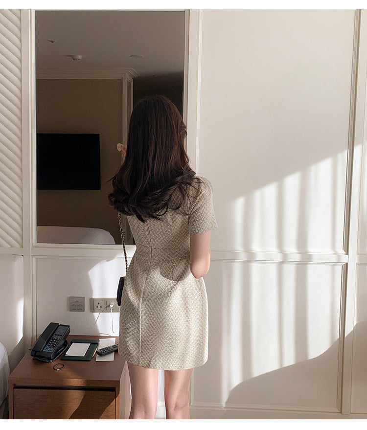 Short Sleeve Round Neck Waist Pack Hip Midi Dress