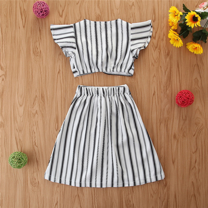 Fashionable white striped mini Fly sleeve dress for girls
