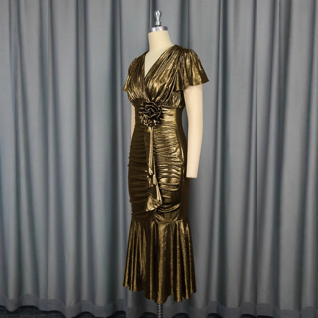 Three-dimensional Flower Waist Trimming Fashion V-neck Pleated Fishtail Skirt