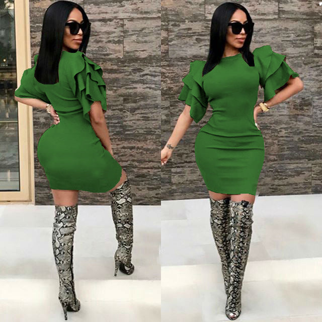 Round neck lotus sleeve pencil skirt