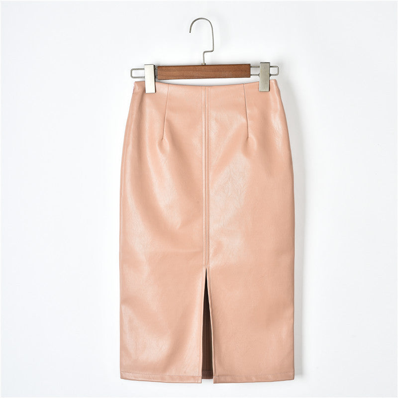 Slim leather high waist midi skirt