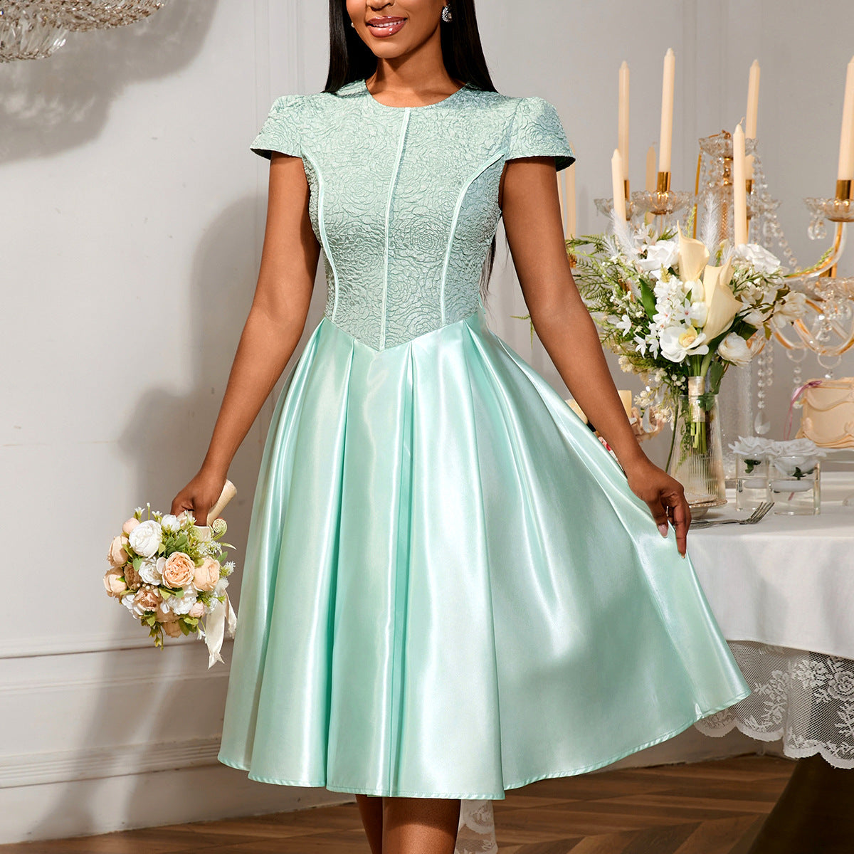 Summer Round Neck Rose Jacquard Bridesmaid Dress