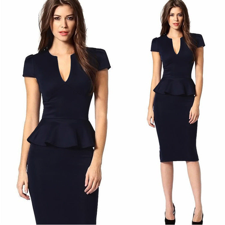 V-neck Waist Slimming Ruffled Back Slit Midi Skirt Celebrity Temperament Dress
