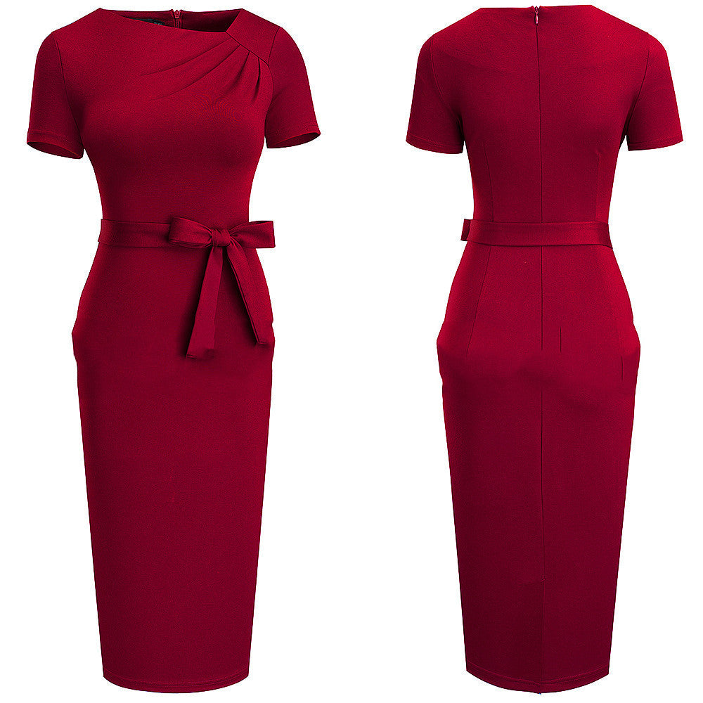 Lace-Up Oblique Collar Bag Hip Dress Sexy Ruffle Stitching Slim Pencil Skirt