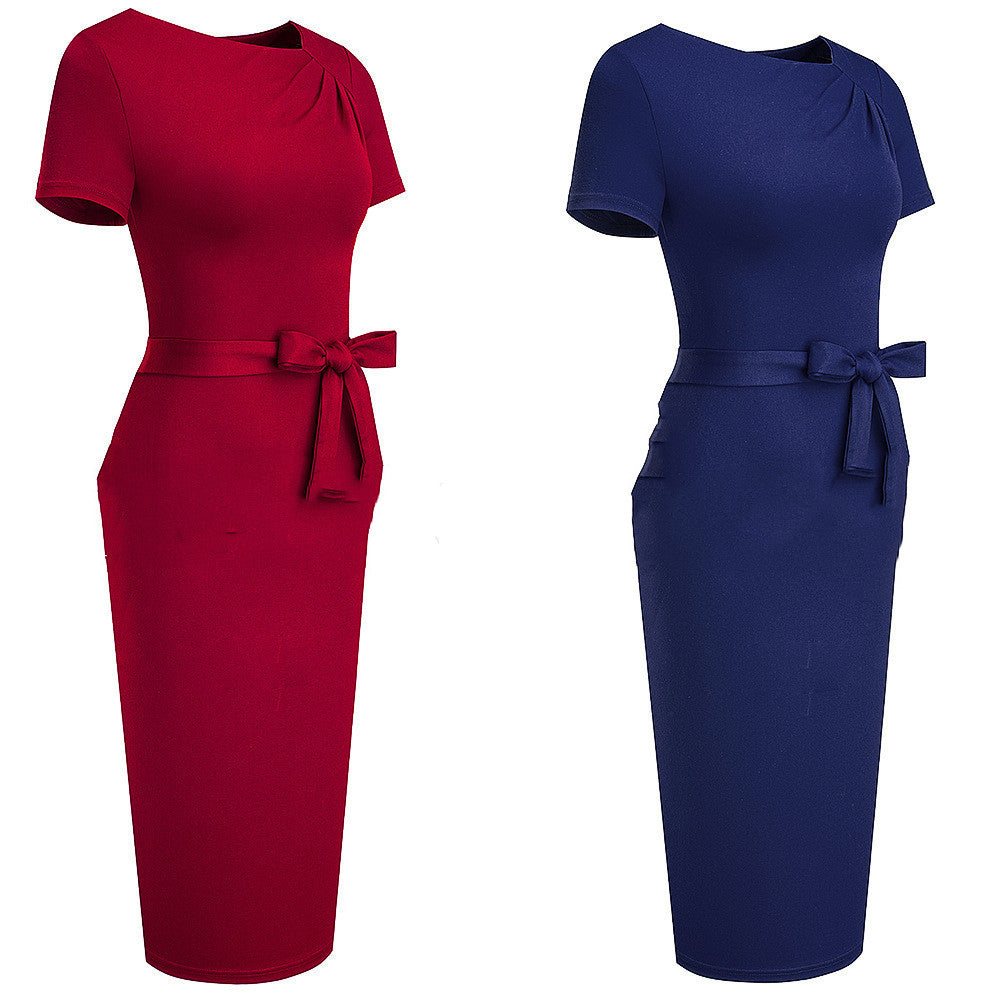 Lace-Up Oblique Collar Bag Hip Dress Sexy Ruffle Stitching Slim Pencil Skirt