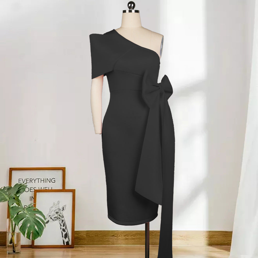 Sexy One-shoulder Bowknot Bag Hip Skirt High Waist Plus Size Slim Pencil Skirt Women's Dress
