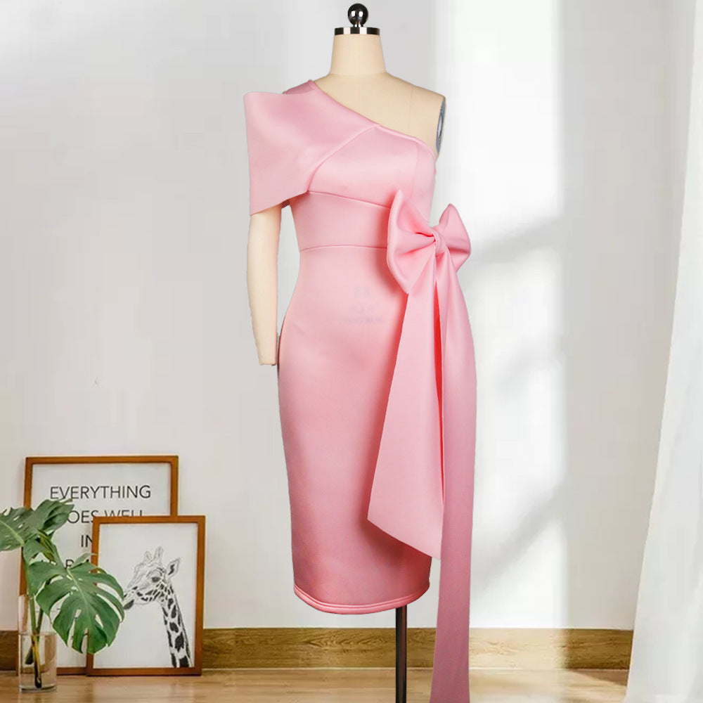 Sexy One-shoulder Bowknot Bag Hip Skirt High Waist Plus Size Slim Pencil Skirt Women's Dress