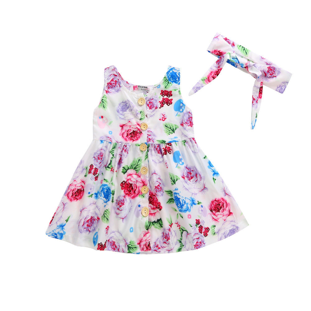 Girls' Hair Band Printed Floral Dress
