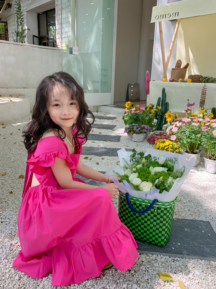 Girls Backless Bow Dress Flounced Sleeve Ruffles