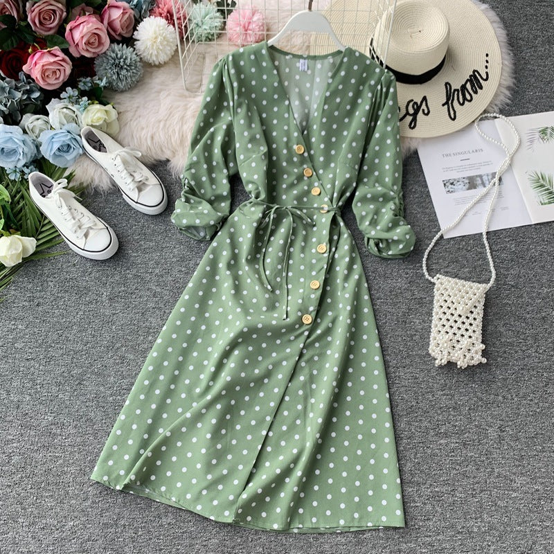 Polka dot lace chiffon dress over the knee midi skirt