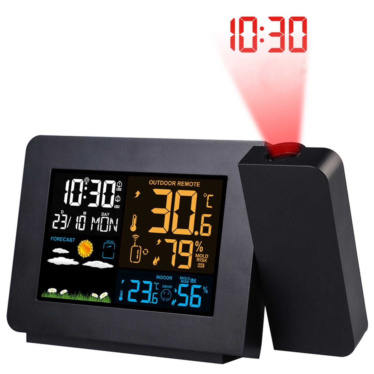 Atomic Projection Alarm Clock Radio Control Clock With WWVB Function Weather Station Dual Alarms Snooze Outdoor Wireless Temperature Humidity Sensor