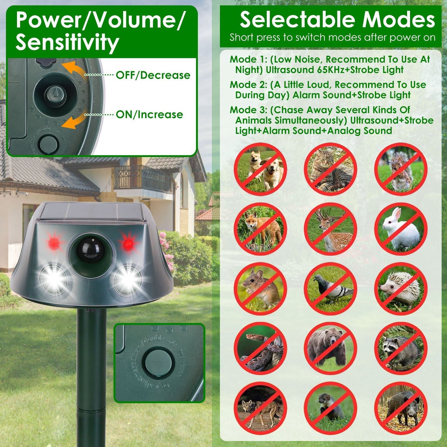 1Pc Ultrasonic Solar Animal Repeller Outdoor  Mole Snake Squirrel Repellent Waterproof With 3 Modes Motion Sensor Vibration Stake For Farm Garden Yard