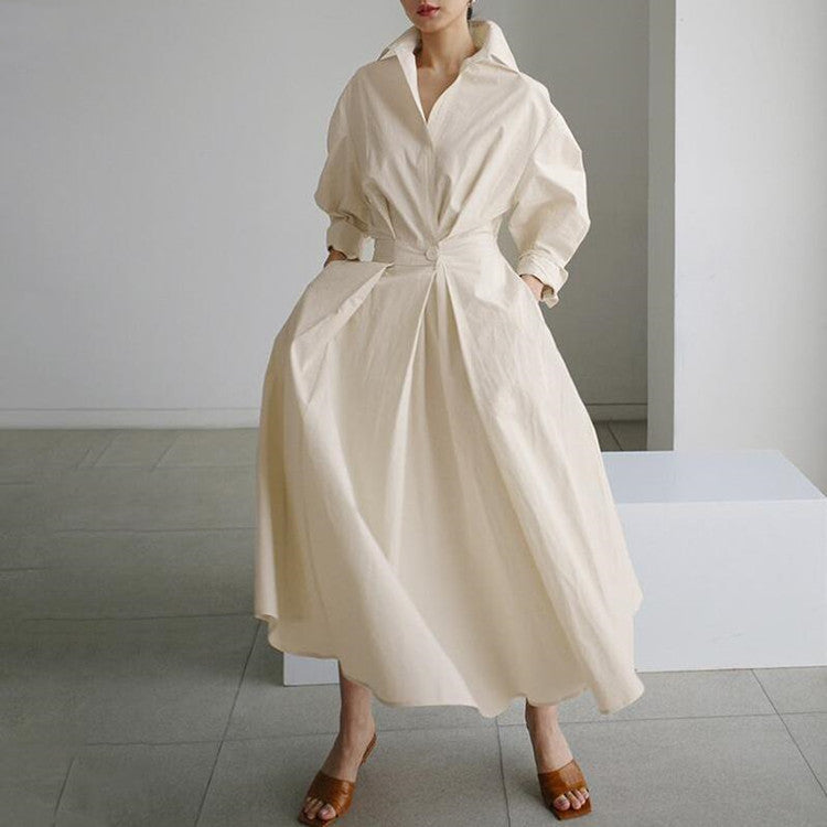 Temperament Commuter Cotton Hemp Clean Color Flip Collar POLO Collar Shirt Sleeves Elastic Waist Big Swing Dress