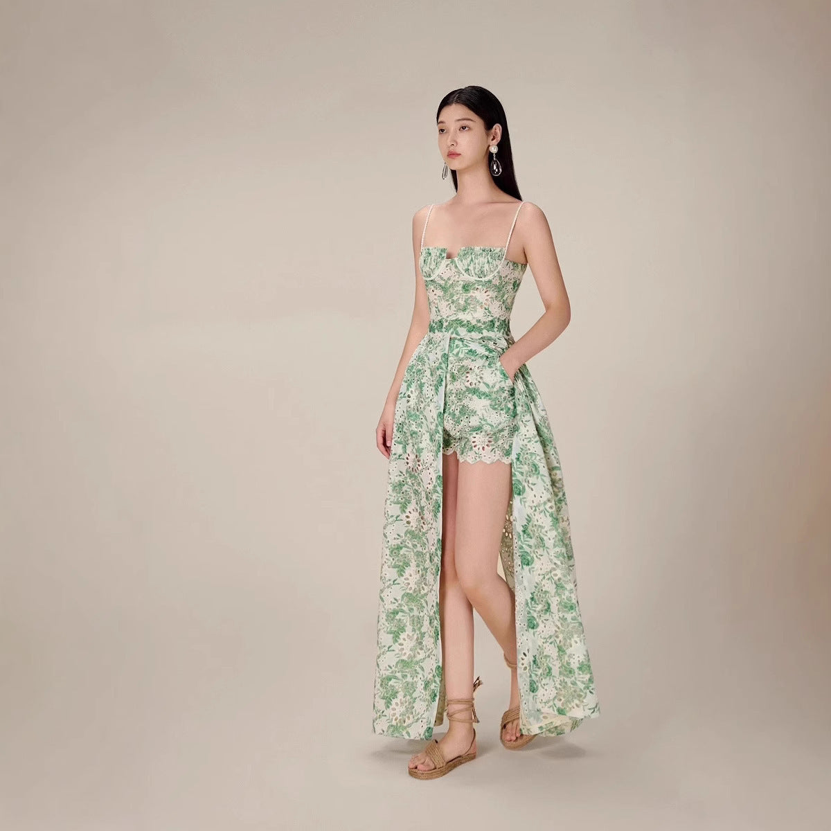 Retro Hollow Lace Green High Slit Dress